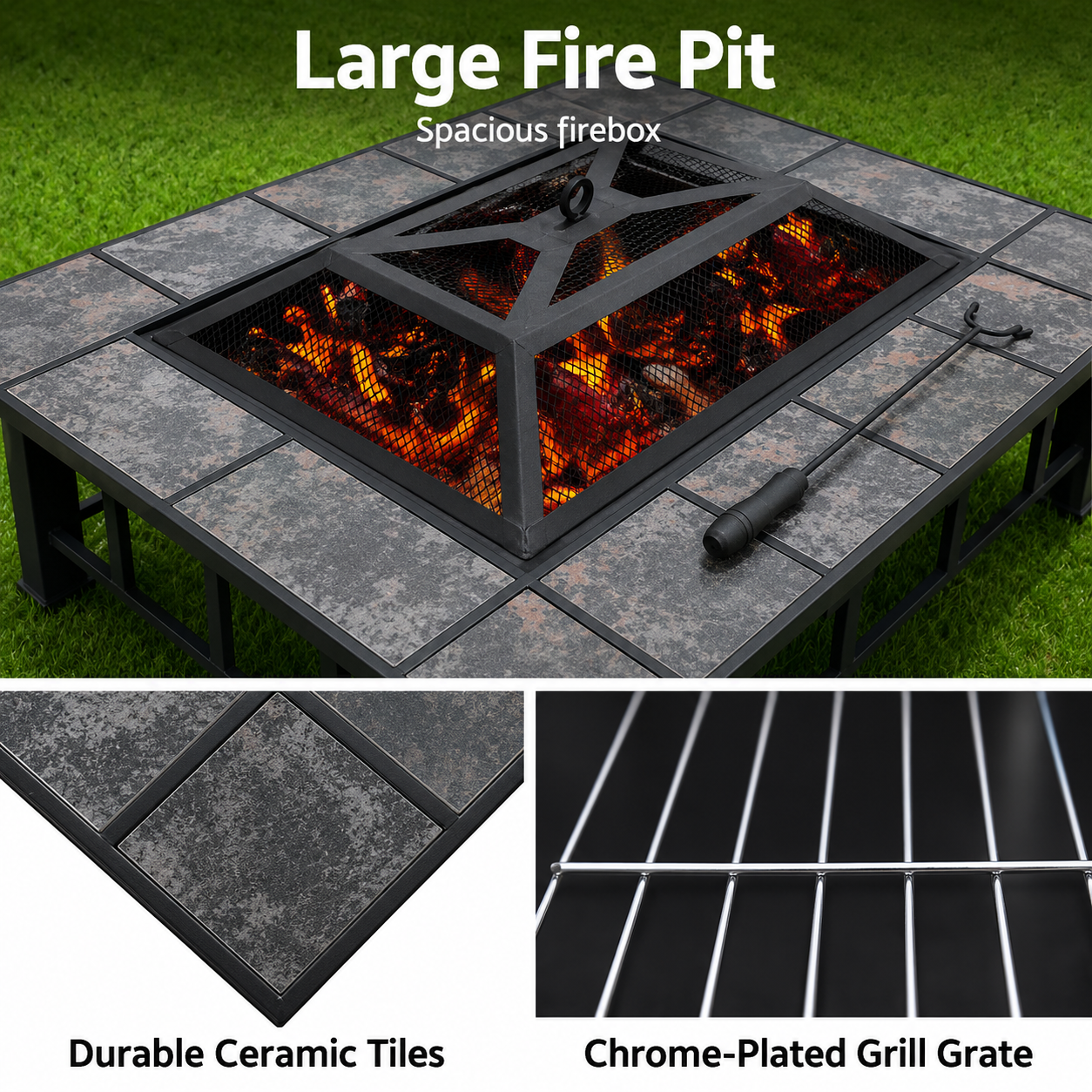 Multi-Function Outdoor 94cm Fire Pit Table with BBQ Grill Rack and Ice Bucket Insert