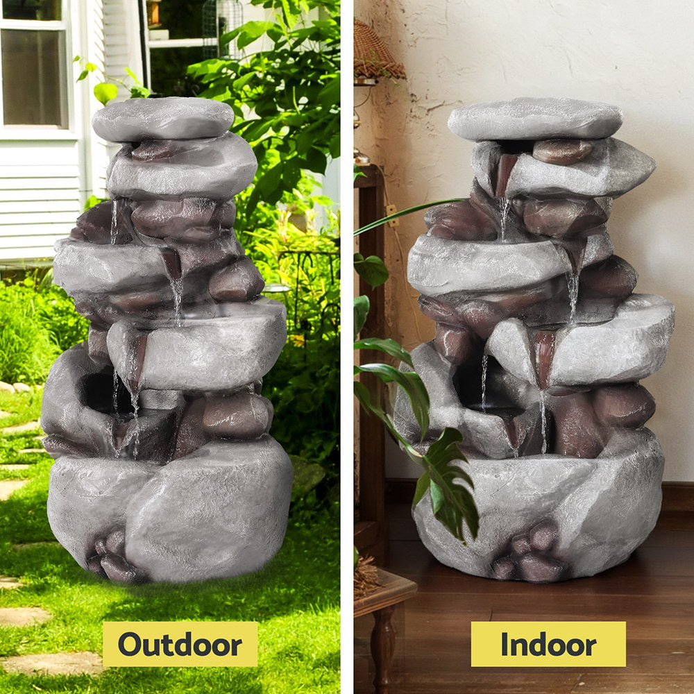 Solar Powered 4-Tier Cascading Water Fountain with LED Lights and Backup Battery for Indoor Outdoor Use
