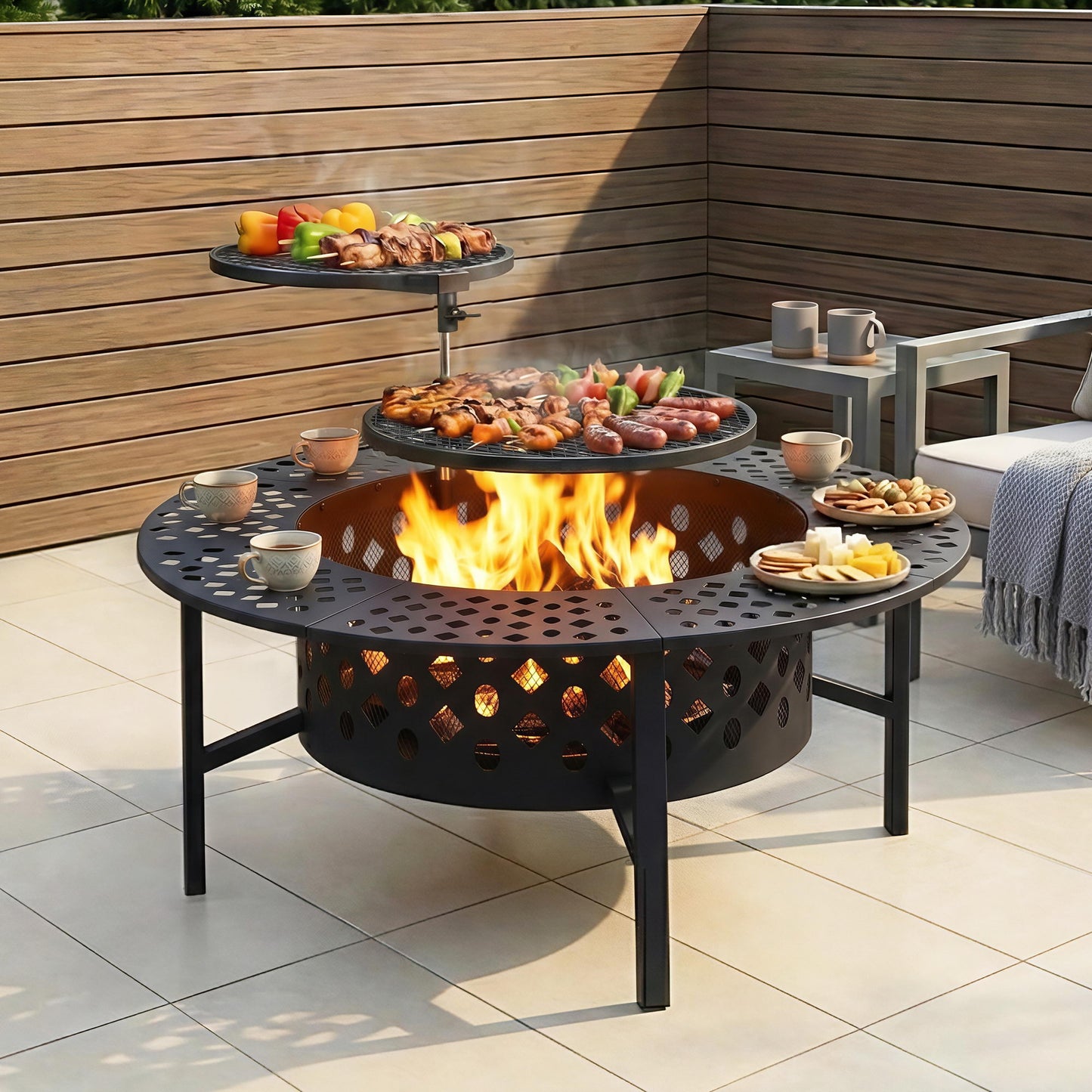 Multi-Function Outdoor Fire Pit Table with Swivel BBQ Grills and Removable Tabletop