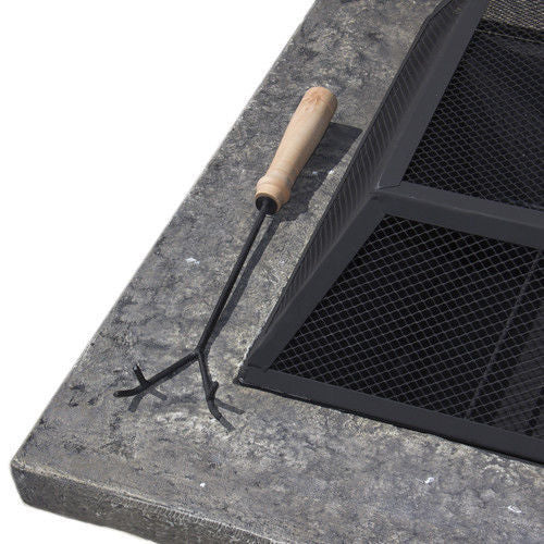 Outdoor Fire Pit Table with BBQ Grill Rack and Faux Stone Base