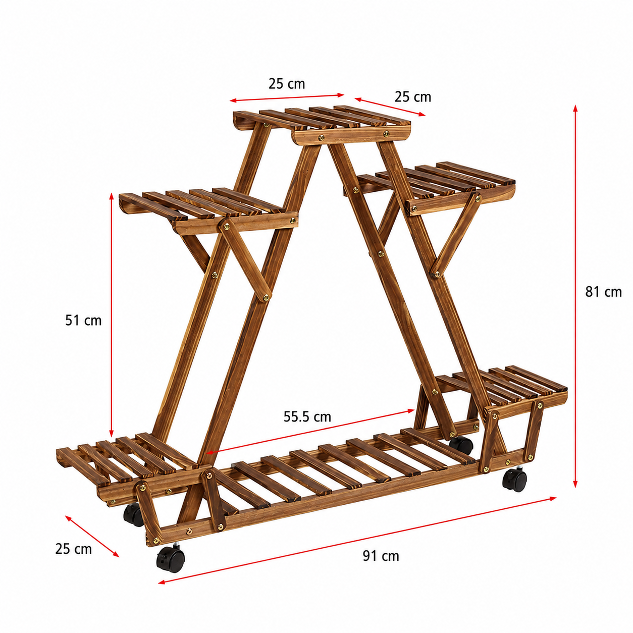 6-Tier Wooden Plant Stand with Wheels Triangular Flower Pot Display Shelf for Indoor Outdoor Use