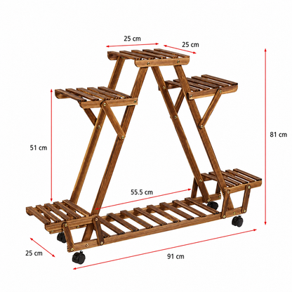 6-Tier Wooden Plant Stand with Wheels Triangular Flower Pot Display Shelf for Indoor Outdoor Use