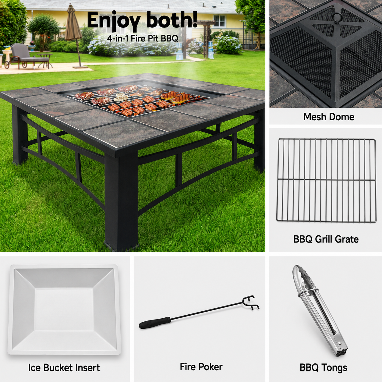 4-in-1 Outdoor Fire Pit BBQ Grill Table with Ice Bucket, Steel Frame & Ceramic Tile Top