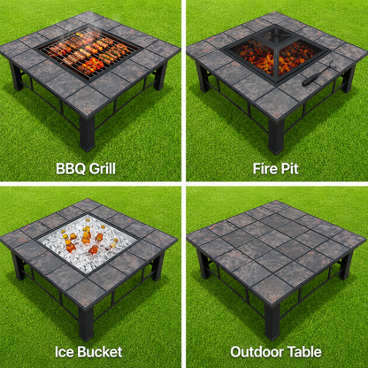4-in-1 Outdoor Fire Pit BBQ Grill Table with Ice Bucket, Steel Frame & Ceramic Tile Top