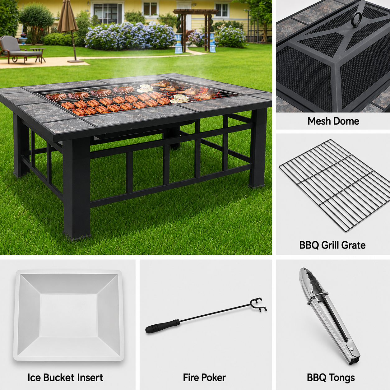 Multi-Function Outdoor 94cm Fire Pit Table with BBQ Grill Rack and Ice Bucket Insert