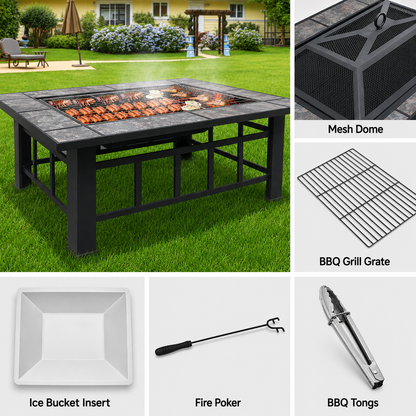 Multi-Function Outdoor 94cm Fire Pit Table with BBQ Grill Rack and Ice Bucket Insert