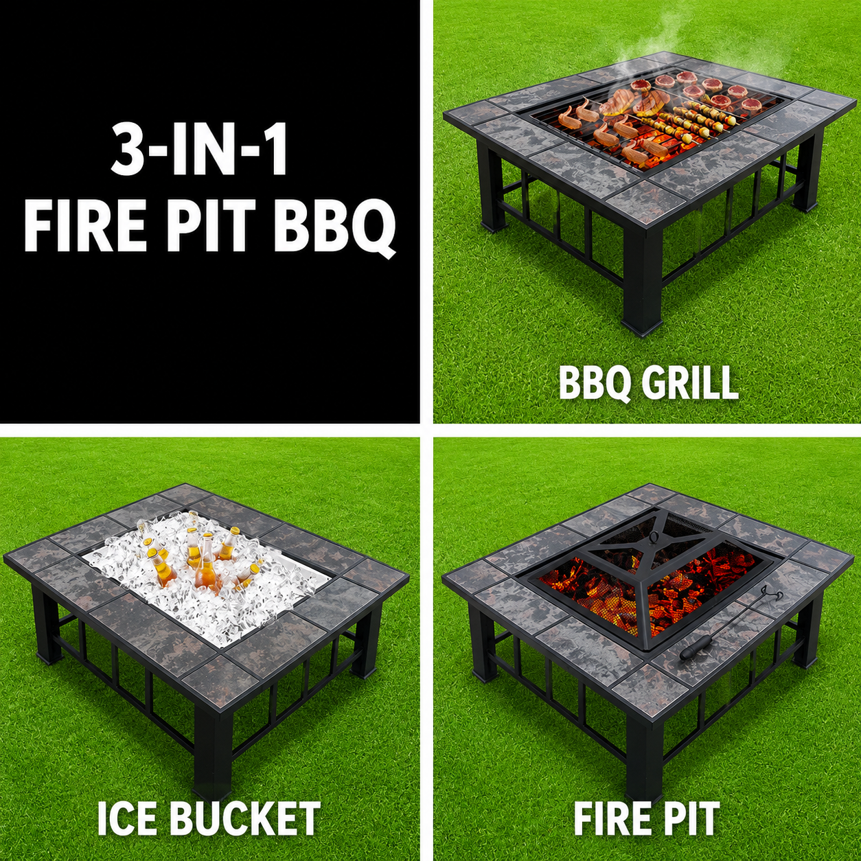 Multi-Function Outdoor 94cm Fire Pit Table with BBQ Grill Rack and Ice Bucket Insert