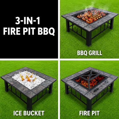 Multi-Function Outdoor 94cm Fire Pit Table with BBQ Grill Rack and Ice Bucket Insert