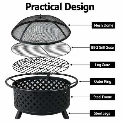 2-in-1 Outdoor Fire Pit and BBQ Grill with Mesh Dome 82cm
