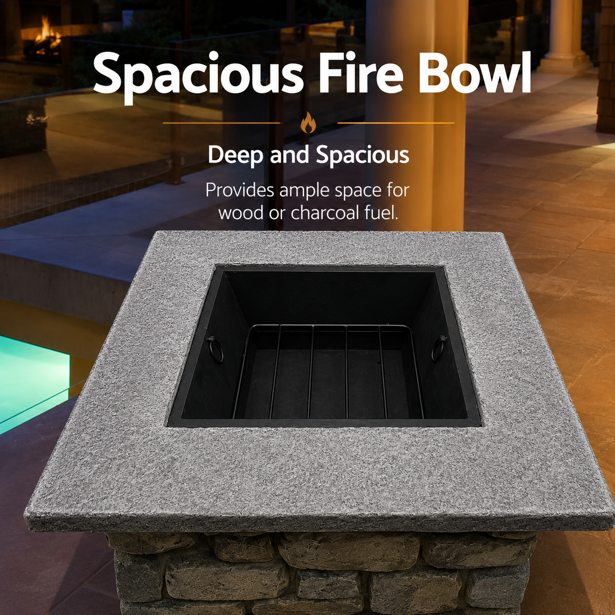 55cm Square Outdoor Fire Pit Table with Faux Stone Finish and Mesh Dome