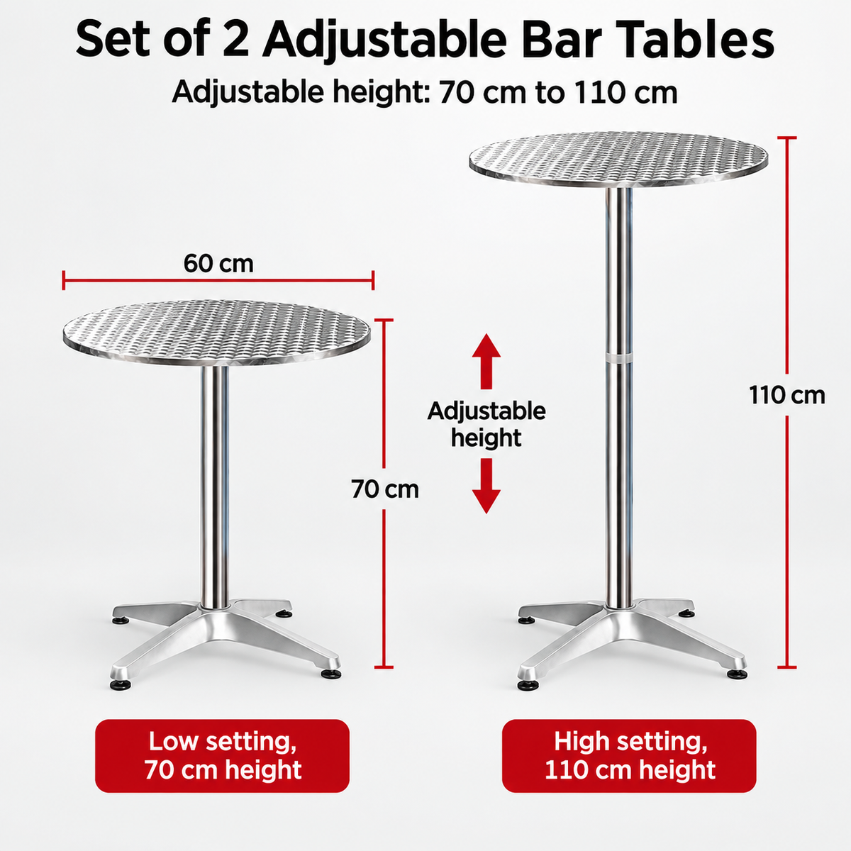 OEM Set of 2 Adjustable Outdoor Bar Tables Foldable Aluminum Base 70/110cm