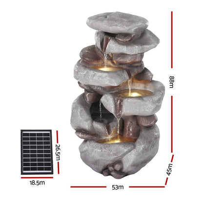 Solar Powered 4-Tier Cascading Water Fountain with LED Lights and Backup Battery for Indoor Outdoor Use