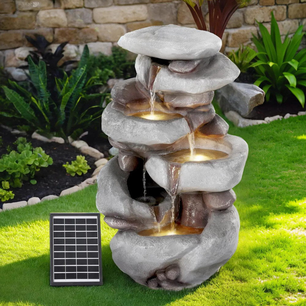 Solar Powered 4-Tier Cascading Water Fountain with LED Lights and Backup Battery for Indoor Outdoor Use