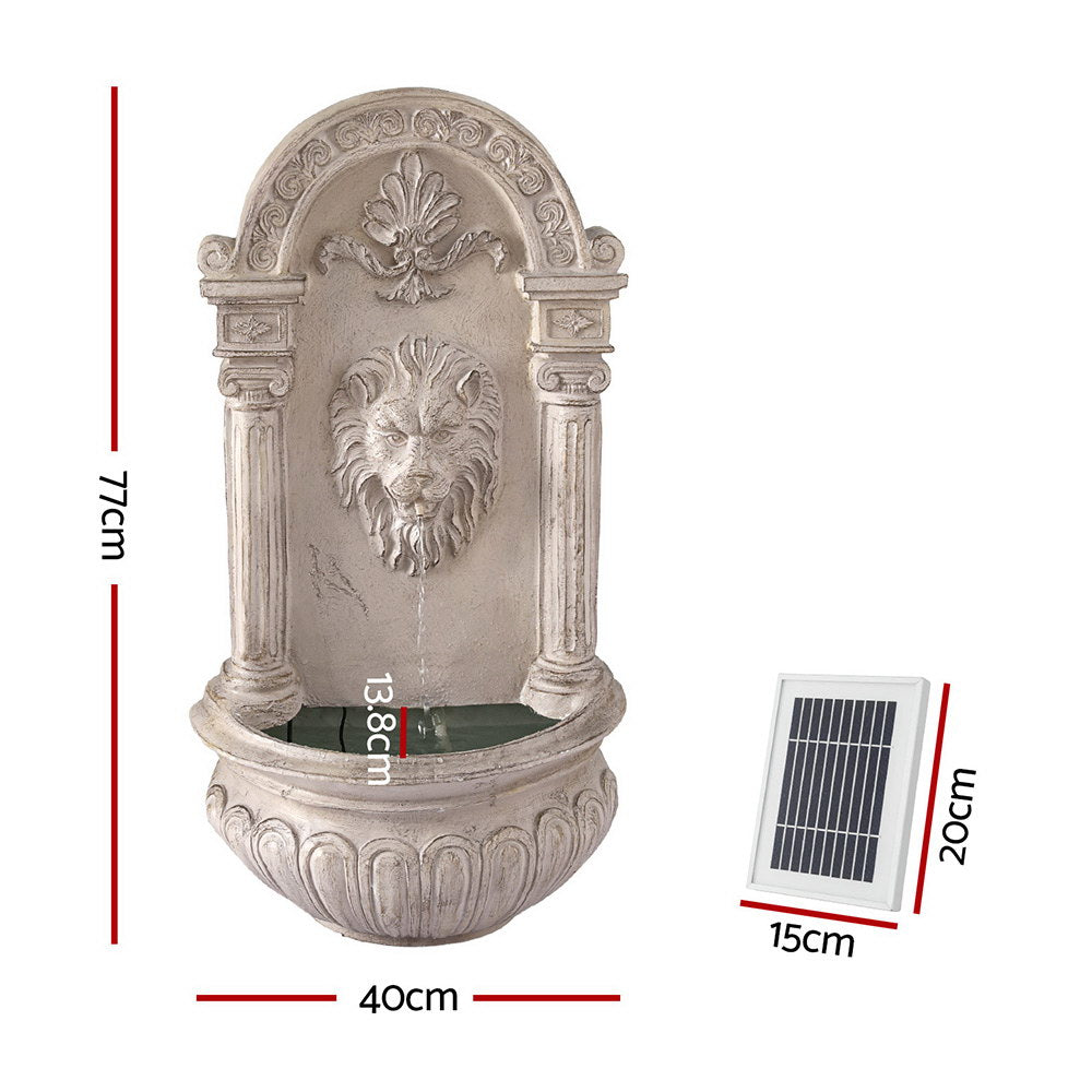 Wall Mount Solar Water Fountain with Lion Design LED Lights and Rechargeable Battery