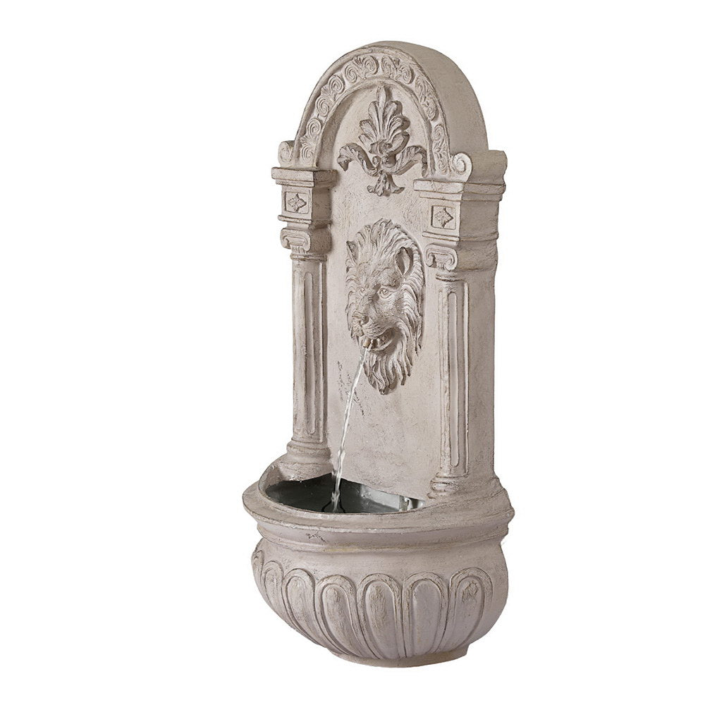 Wall Mount Solar Water Fountain with Lion Design LED Lights and Rechargeable Battery