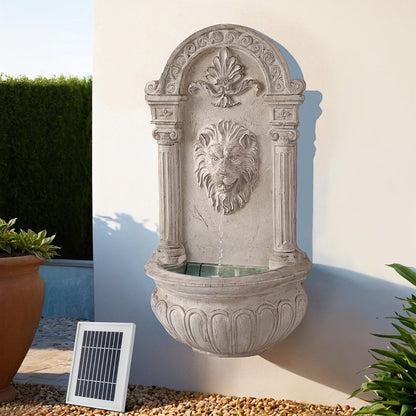 Wall Mount Solar Water Fountain with Lion Design LED Lights and Rechargeable Battery