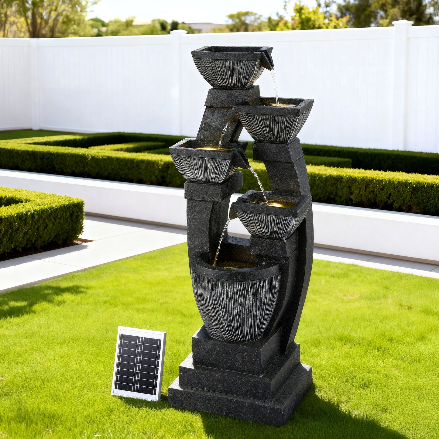 Solar Powered 5 Tier Cascading Water Fountain with LED Lights and Battery Backup