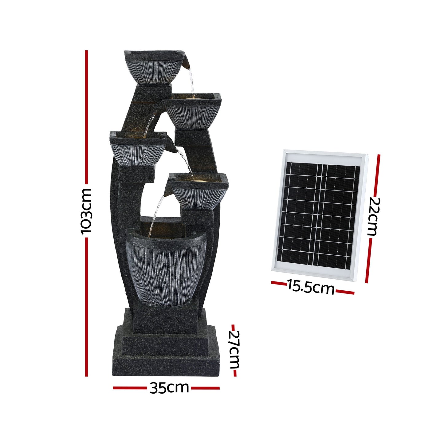 Solar Powered 5 Tier Cascading Water Fountain with LED Lights and Battery Backup