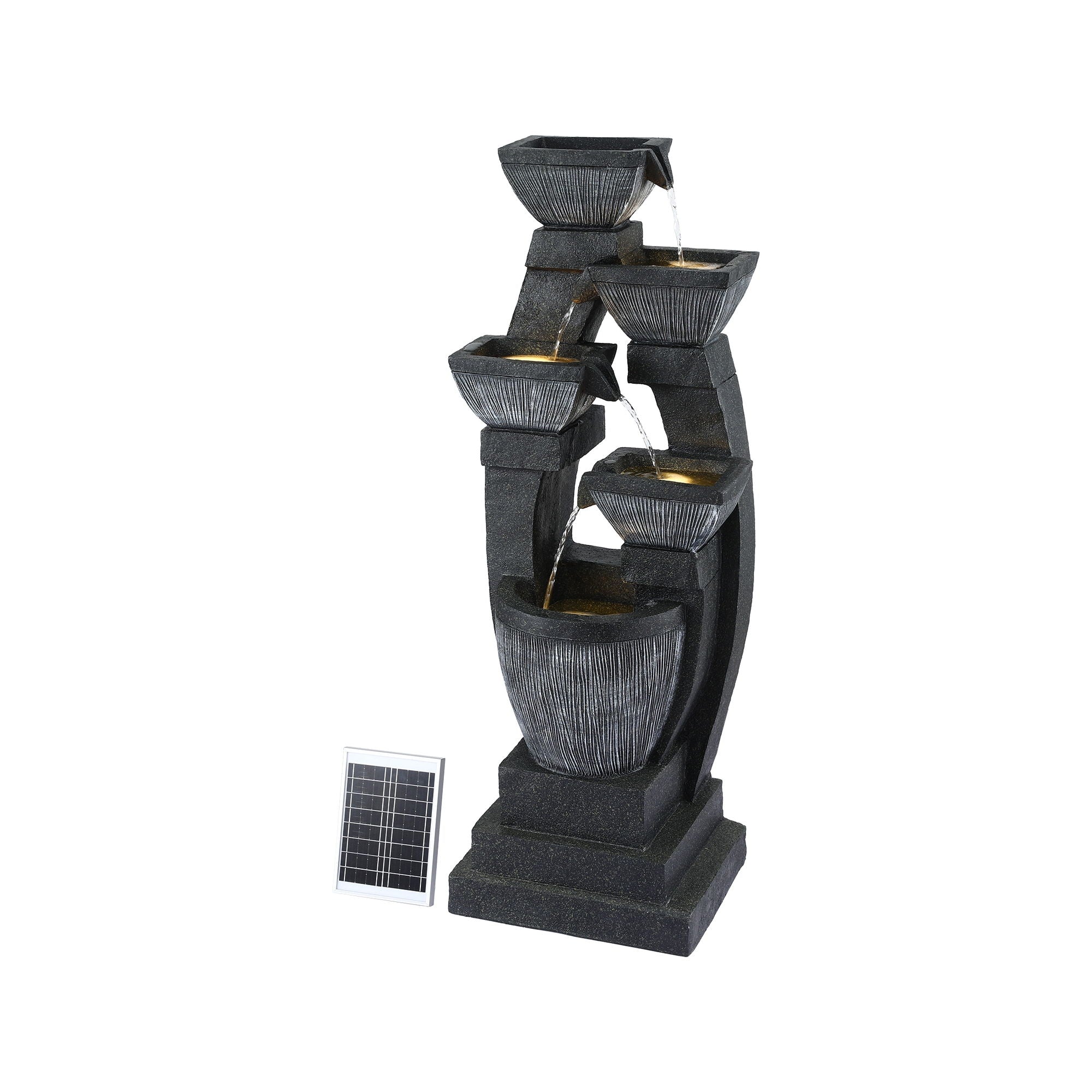 Solar Powered 5 Tier Cascading Water Fountain with LED Lights and Battery Backup