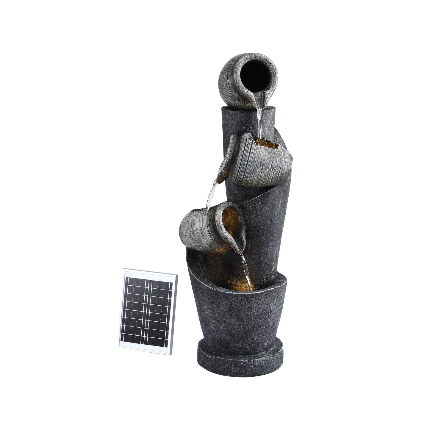 Outdoor Indoor Solar Water Feature Fountain 3 Tier Pot Design with LED Lighting
