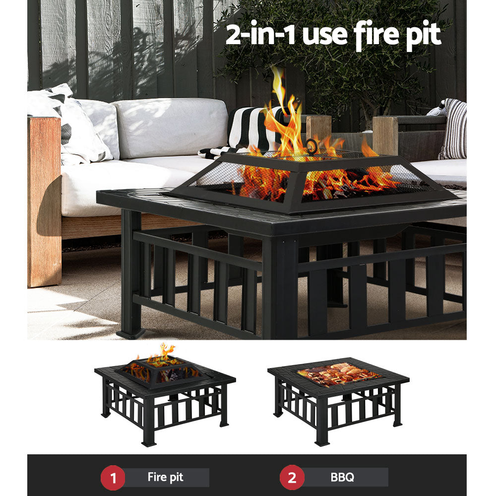 Steel Outdoor Fire Pit and BBQ Grill Table with Mesh Dome 81cm