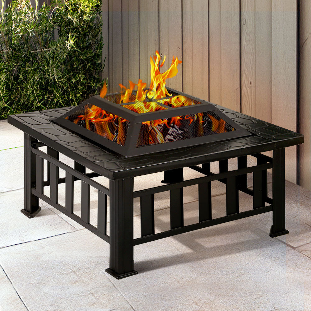 Steel Outdoor Fire Pit and BBQ Grill Table with Mesh Dome 81cm