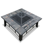 4-in-1 Outdoor Fire Pit BBQ Grill Table with Ice Bucket, Steel Frame & Ceramic Tile Top