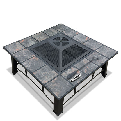 4-in-1 Outdoor Fire Pit BBQ Grill Table with Ice Bucket, Steel Frame & Ceramic Tile Top