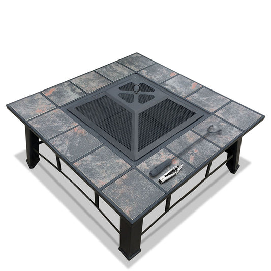 4-in-1 Outdoor Fire Pit BBQ Grill Table with Ice Bucket, Steel Frame & Ceramic Tile Top