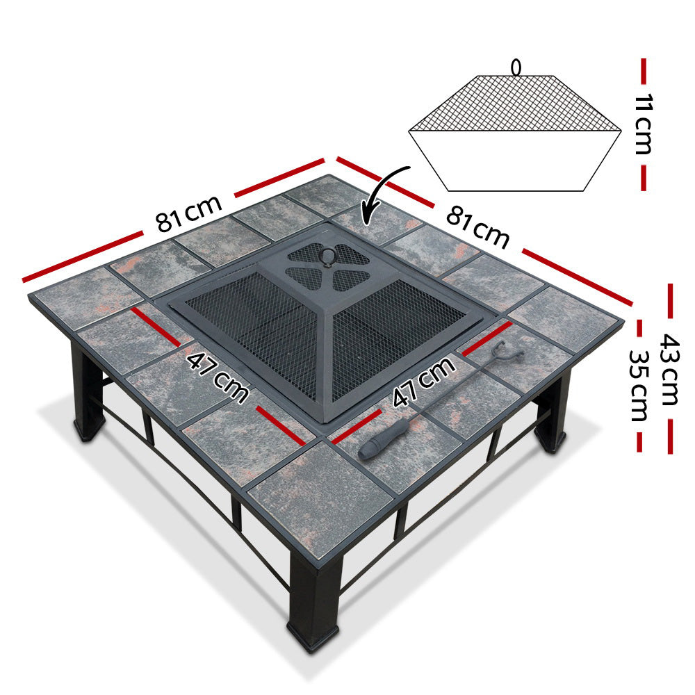 4-in-1 Outdoor Fire Pit BBQ Grill Table with Ice Bucket, Steel Frame & Ceramic Tile Top