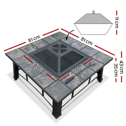 4-in-1 Outdoor Fire Pit BBQ Grill Table with Ice Bucket, Steel Frame & Ceramic Tile Top