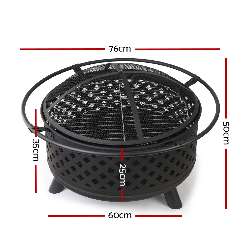 76cm Outdoor Fire Pit BBQ Grill with Mesh Dome and Steel Construction
