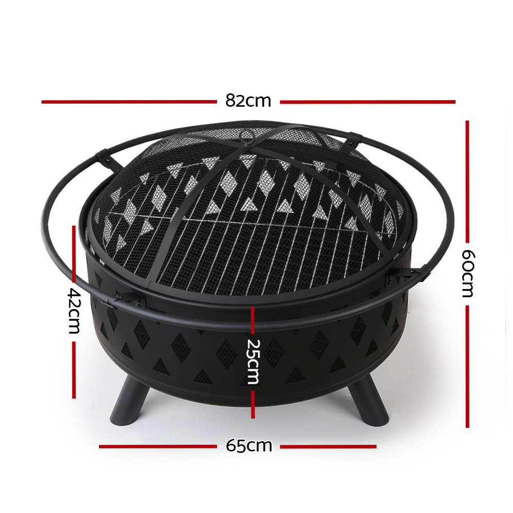 2-in-1 Outdoor Fire Pit and BBQ Grill with Mesh Dome 82cm