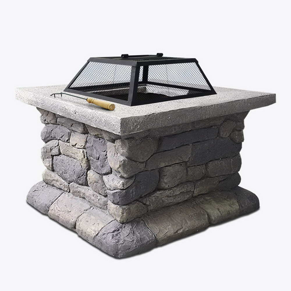 55cm Square Outdoor Fire Pit Table with Faux Stone Finish and Mesh Dome