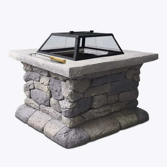55cm Square Outdoor Fire Pit Table with Faux Stone Finish and Mesh Dome