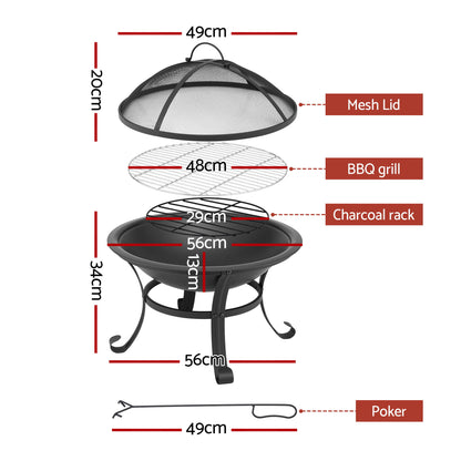 Heavy Duty Outdoor Fire Pit with Stainless Steel BBQ Grill and Mesh Cover