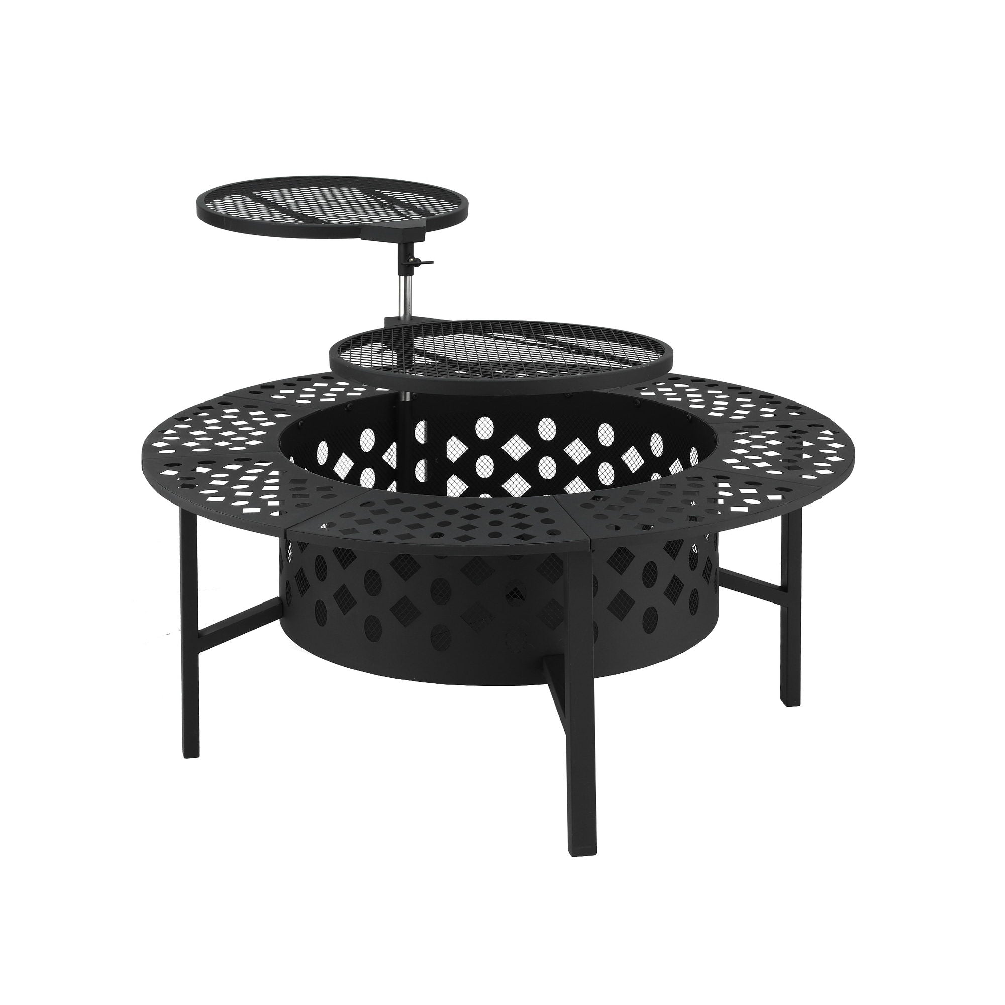 Multi-Function Outdoor Fire Pit Table with Swivel BBQ Grills and Removable Tabletop