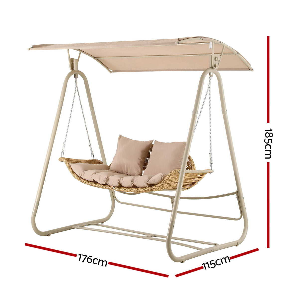 OEM 2-Seater Outdoor Rattan Swing Chair with Adjustable Canopy and Cushions Beige 185cm