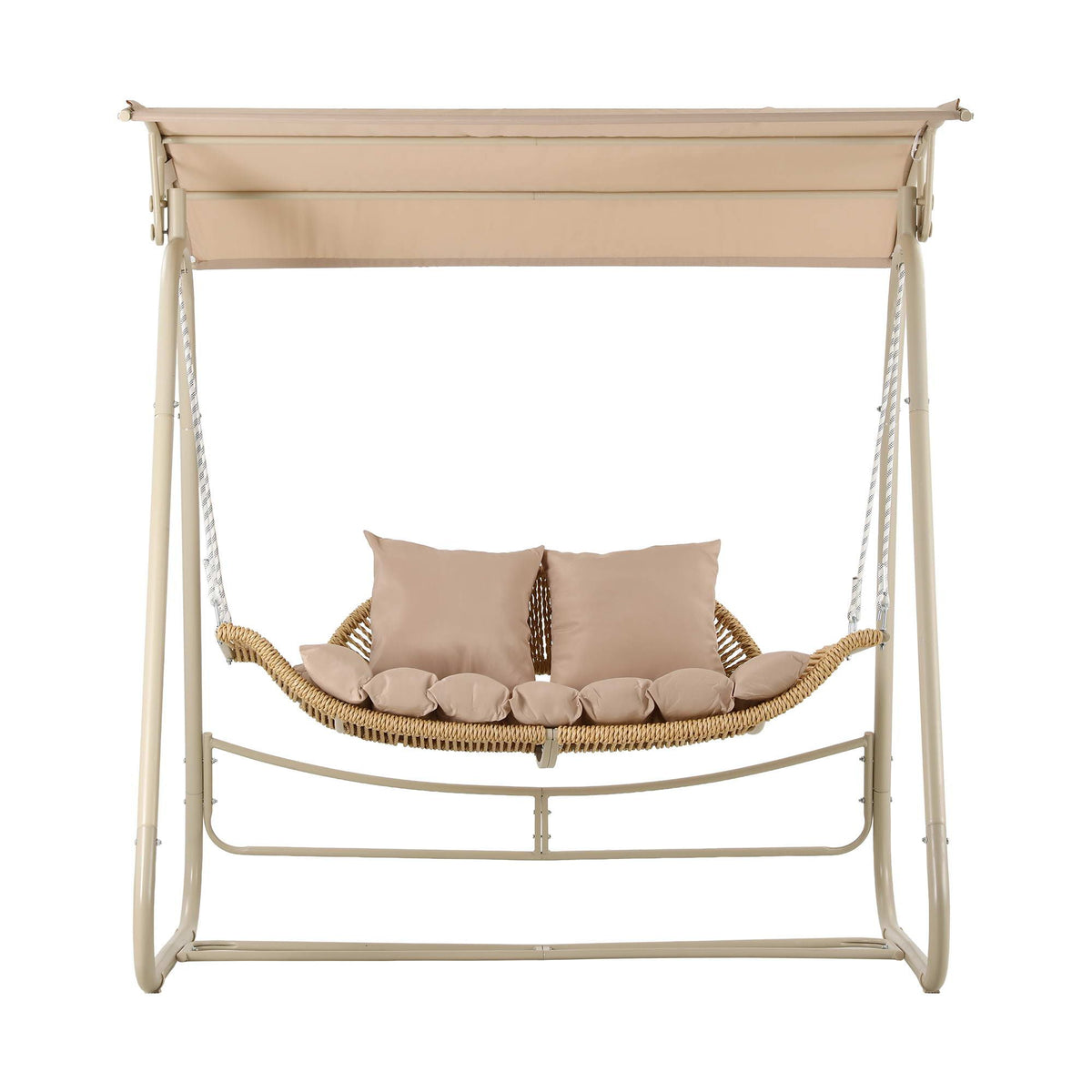 OEM 2-Seater Outdoor Rattan Swing Chair with Adjustable Canopy and Cushions Beige 185cm