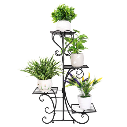 Black Metal Plant Shelf 4 Tier Flower Pot Holder Display Rack for Patio Balcony Indoor Outdoor