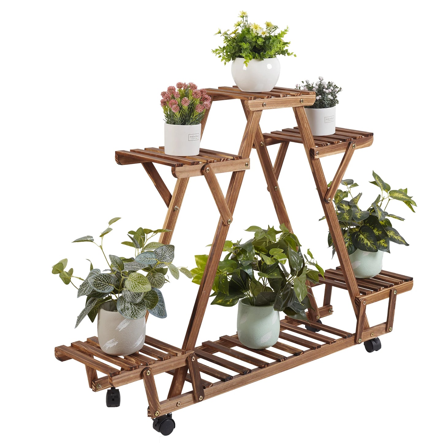 6-Tier Wooden Plant Stand with Wheels Triangular Flower Pot Display Shelf for Indoor Outdoor Use