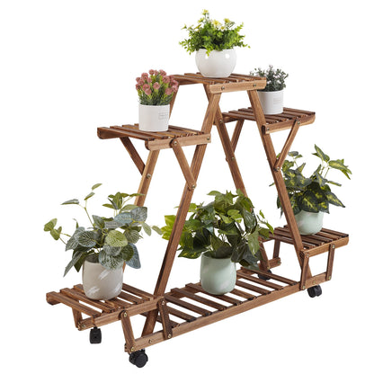 6-Tier Wooden Plant Stand with Wheels Triangular Flower Pot Display Shelf for Indoor Outdoor Use