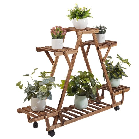 6-Tier Wooden Plant Stand with Wheels Triangular Flower Pot Display Shelf for Indoor Outdoor Use