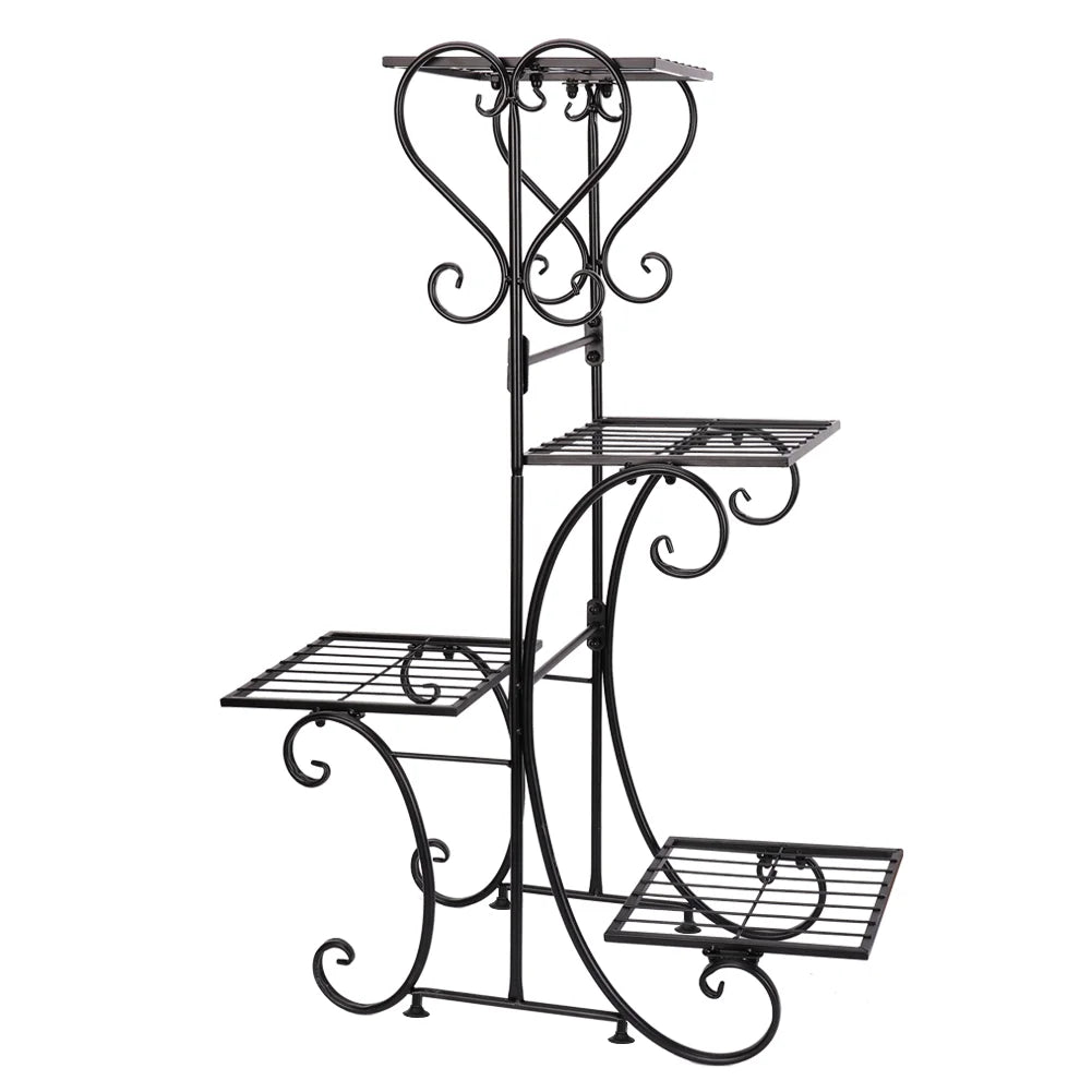 Black Metal Plant Shelf 4 Tier Flower Pot Holder Display Rack for Patio Balcony Indoor Outdoor