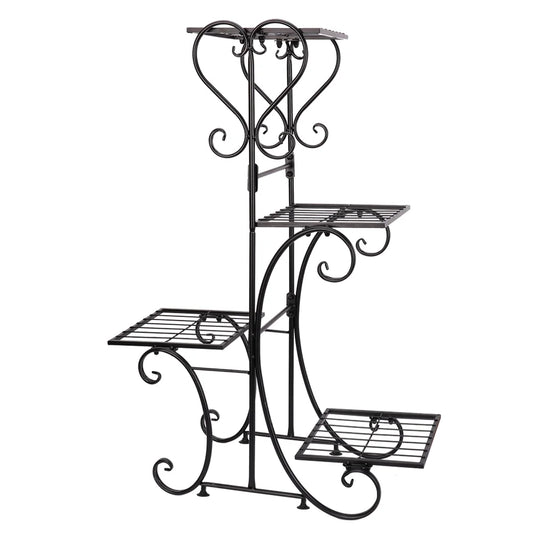 Black Metal Plant Shelf 4 Tier Flower Pot Holder Display Rack for Patio Balcony Indoor Outdoor