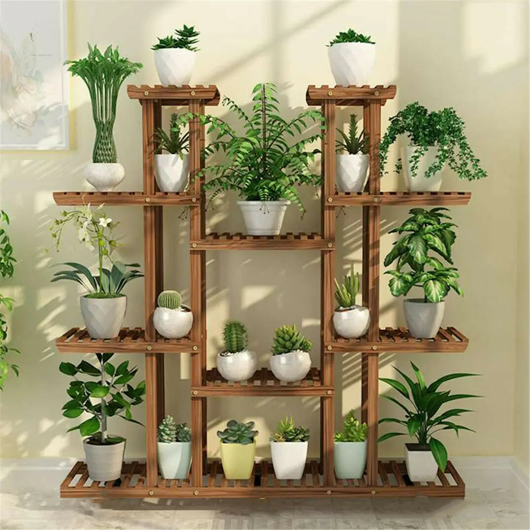Multi-Tier Wooden Plant Stand 46in Plant Rack Holder with 9 Shelves for Patio Balcony Indoor