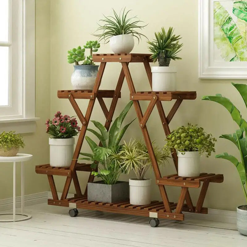 6-Tier Wooden Plant Stand with Wheels Triangular Flower Pot Display Shelf for Indoor Outdoor Use