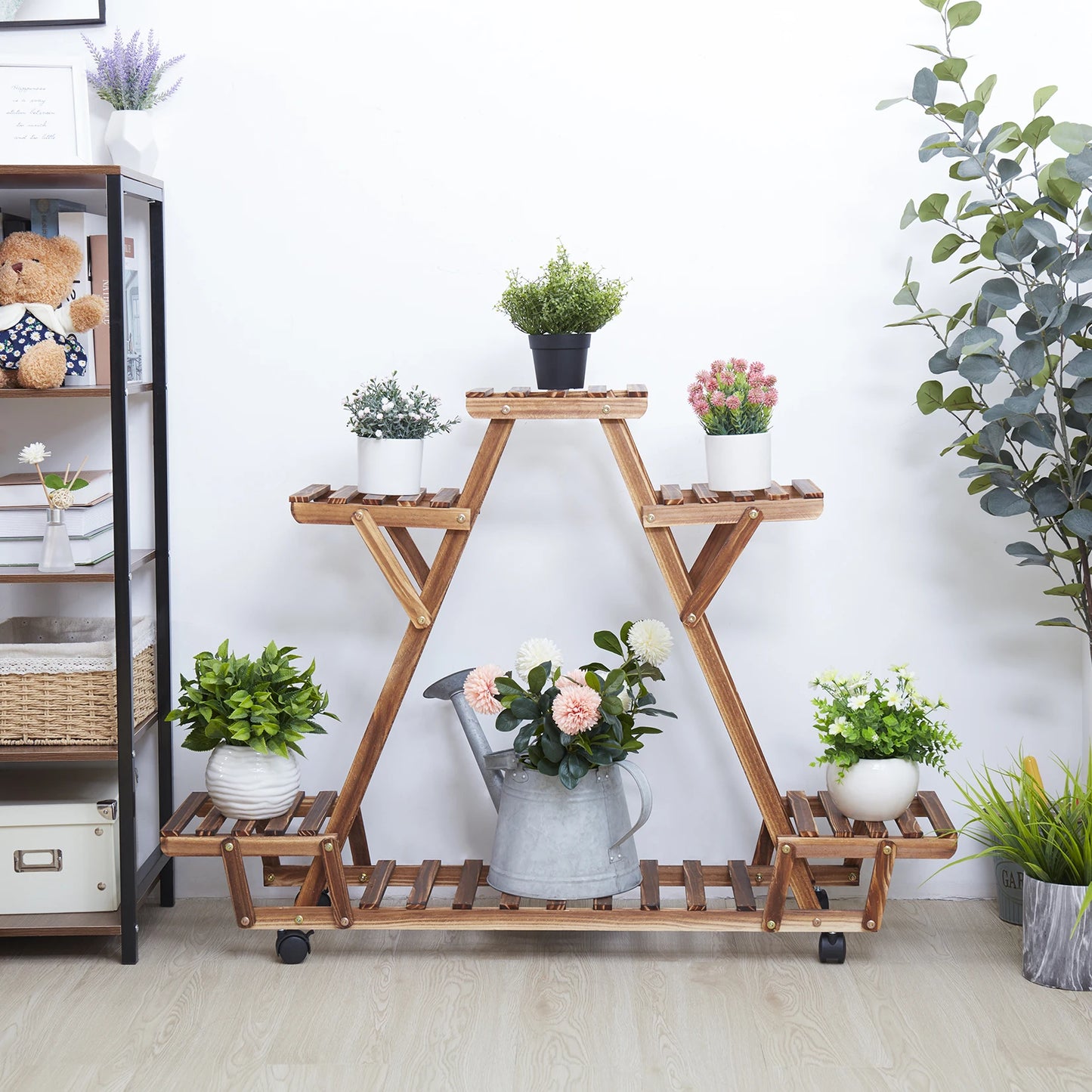 6-Tier Wooden Plant Stand with Wheels Triangular Flower Pot Display Shelf for Indoor Outdoor Use