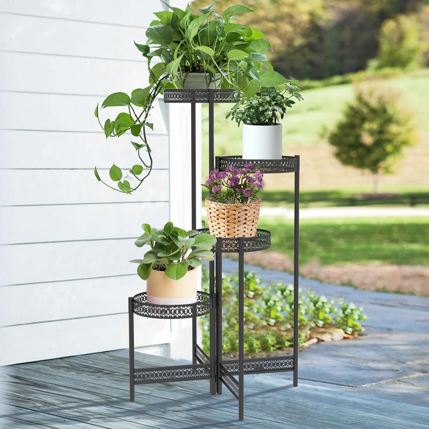 Foldable 4 Tier Metal Plant Stand Indoor Outdoor Flower Display Shelf for Patio Corner