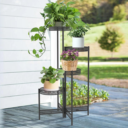 Foldable 4 Tier Metal Plant Stand Indoor Outdoor Flower Display Shelf for Patio Corner